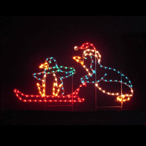 4 Foot Penguin Pushing Baby on Sled Holiday Light Display