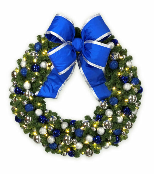 36" Silver and Blue Garland Bullpine Wreath with LED Lights