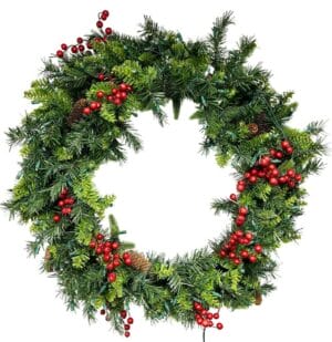 48" Taiga® Wreath With Red Berries And Pure White LED Lights